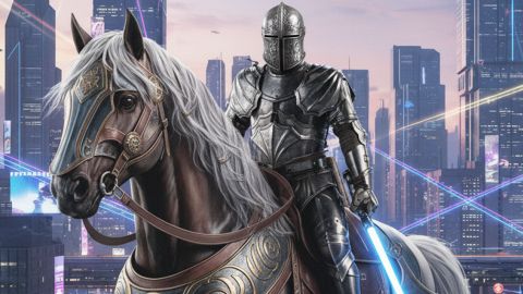 Un chevalier avec un sabre laser dans une ville futuriste