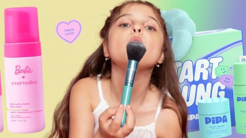 Une petite fille et des prodouits Barbie et Pippa Skincare