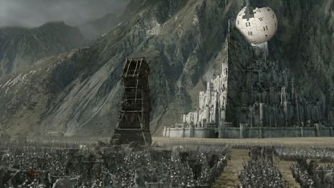 la citadelle de Minas tirit assiégée avec le logo de Wikipédia au dessus
