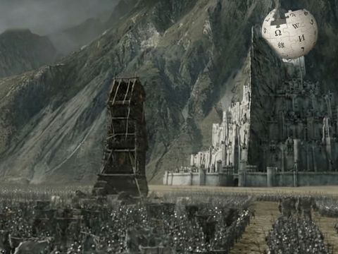 la citadelle de Minas tirit assiégée avec le logo de Wikipédia au dessus