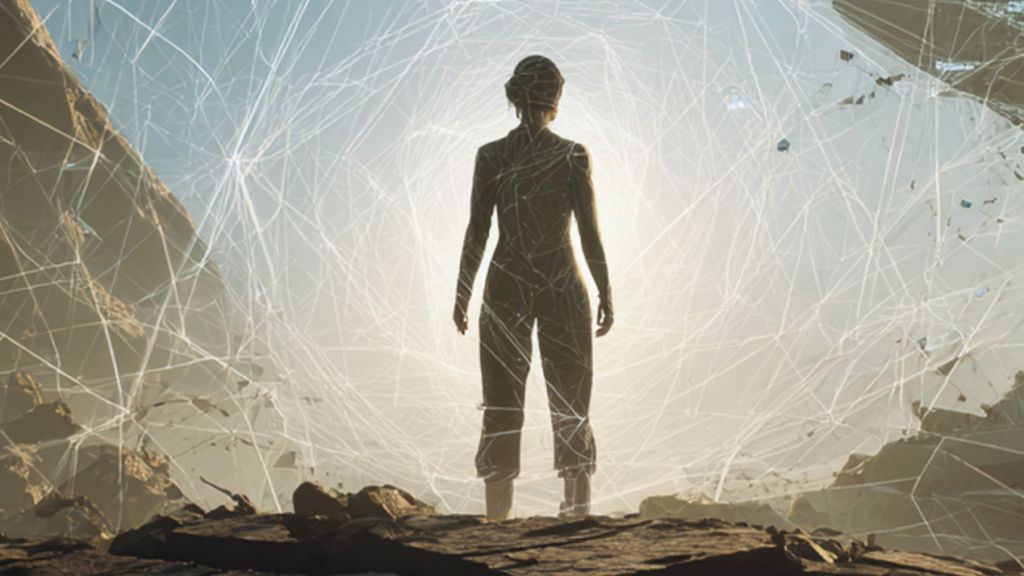 Ma sihouette d'une femem de dos, puissante sur une terre craquelée