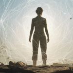 Ma sihouette d'une femem de dos, puissante sur une terre craquelée