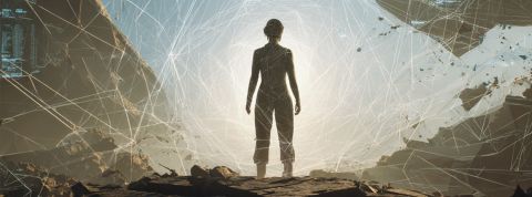 Ma sihouette d'une femem de dos, puissante sur une terre craquelée