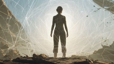 Ma sihouette d'une femem de dos, puissante sur une terre craquelée