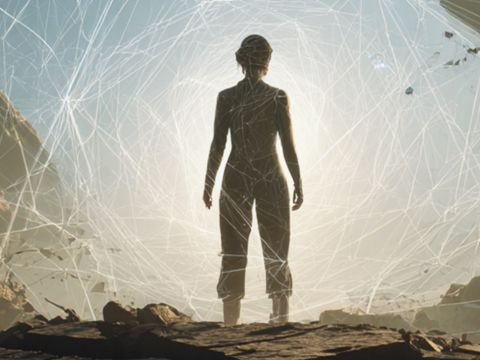 Ma sihouette d'une femem de dos, puissante sur une terre craquelée