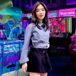 Une jeune asiatique avec une tenue d'écolière modernisée dans une salle de jeux d'arcade
