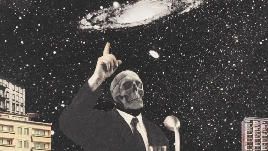 un collage d'un homme politique à tête de mort