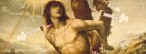 Un saint avec plein de seringues plantées dans le corps.