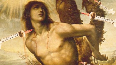 Un saint avec plein de seringues plantées dans le corps.