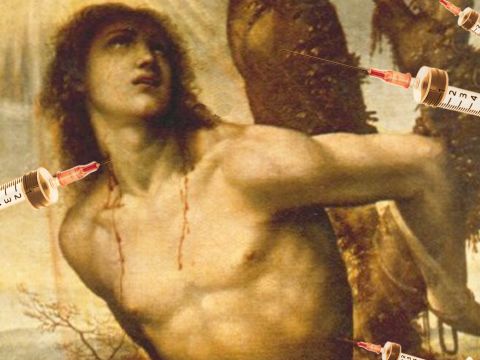 Un saint avec plein de seringues plantées dans le corps.