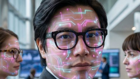 Gros plan sur des visages avec mumières digitales dans un grand open space