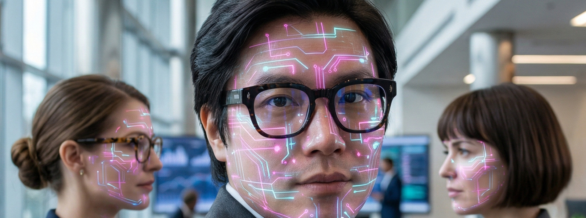 L'IA doit être un sparring partner des RH, jamais un juge - L'ADN Gros plan sur des visages avec mumières digitales dans un grand open space