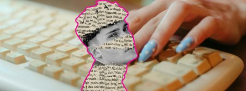 Prof personnalisé, pote flippant, nouveau combat politique : comment les ados composent avec l’IA Silhouette collage d'un jeune homme et doigts de jeune fememe avec faux ongles bleu clair sur un clavier