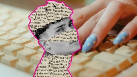 Silhouette collage d'un jeune homme et doigts de jeune fememe avec faux ongles bleu clair sur un clavier