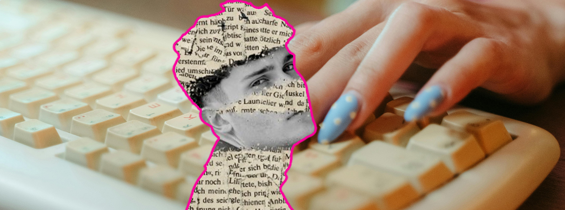 Prof personnalisé, pote flippant, nouveau combat politique : comment les ados composent avec l’IA - L'ADN Silhouette collage d'un jeune homme et doigts de jeune fememe avec faux ongles bleu clair sur un clavier