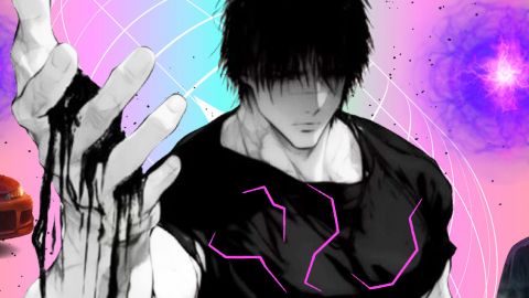 Un visuel avec voiture, éclairs, personnages de manga, néons