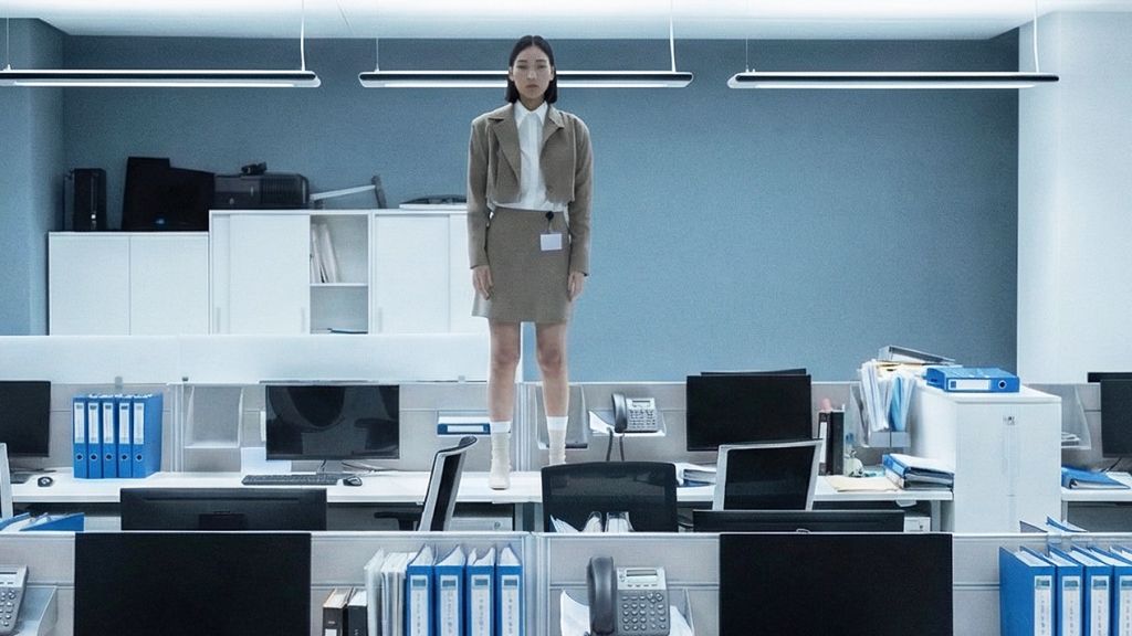 Une femme asiatique debout sur un bureau dans un open space