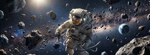 Un comsonaute au milieu d'un champ d'asteroïdes