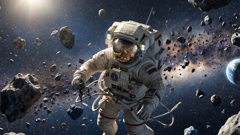 Un comsonaute au milieu d'un champ d'asteroïdes