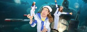 Un jeune toktokeur avec un costume de marin désuet sur une image de sous-marin torpille