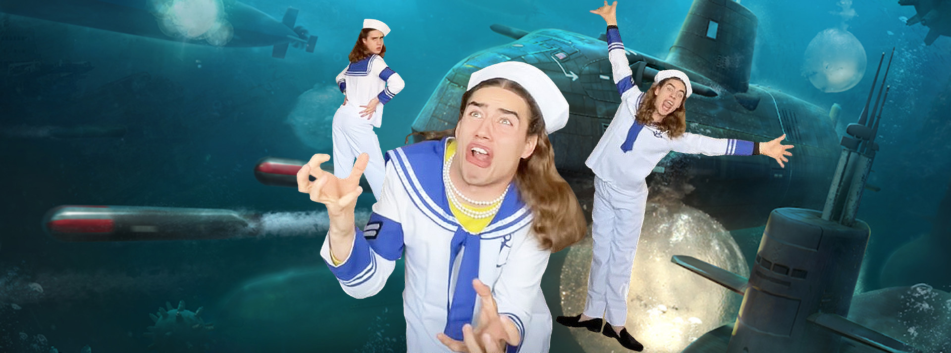 Un jeune toktokeur avec un costume de marin désuet sur une image de sous-marin torpille