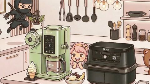 Les robots Sharkninja dans une cuisine style dessin animé