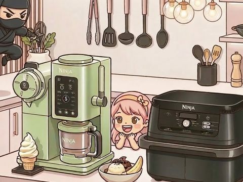 Les robots Sharkninja dans une cuisine style dessin animé