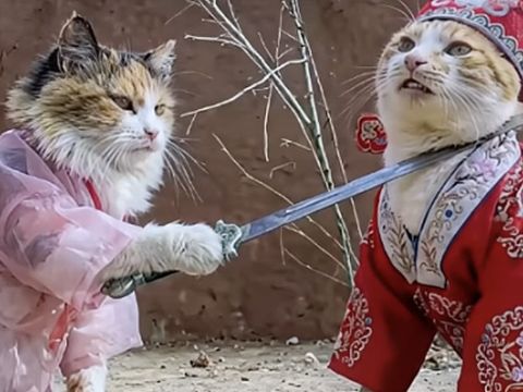 Une chatte met son épée sur le cou d'un chat, tous deux sont en costumes impériaux