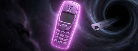 Smartphones : l'upgrade de la honte Un smartphone Nokia en premier plan et un IPhone englouti dans un trou noir au fond