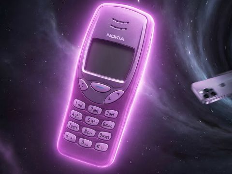 Un smartphone Nokia en premier plan et un IPhone englouti dans un trou noir au fond