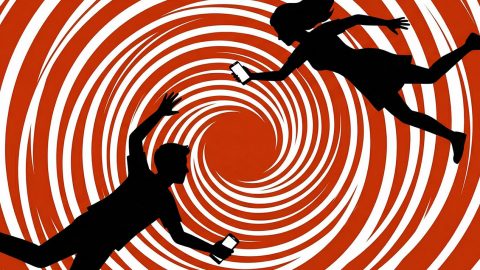 Deux silhouettes de jeunes avec leur téléphone dans un tourbillon