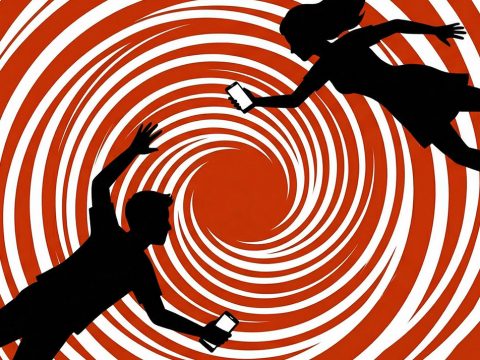 Deux silhouettes de jeunes avec leur téléphone dans un tourbillon