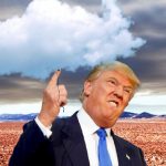 Trump tient un nuage comme un ballon de baudruche sur une terre craquelée