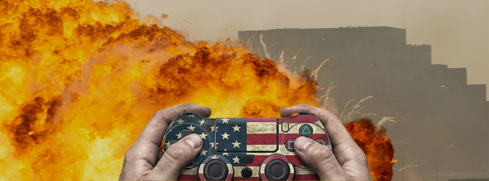 Game over : les États-Unis dans le piège d'une guerre entièrement gamifiée - L'ADN Devant une image d'explosion, es mains tiennent une manette de jeu vidéo aux couleurs US