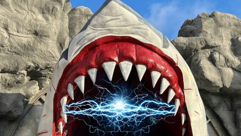 Gros plan sur le requin des dents de la mer avec de l'électricité dans sa gueule