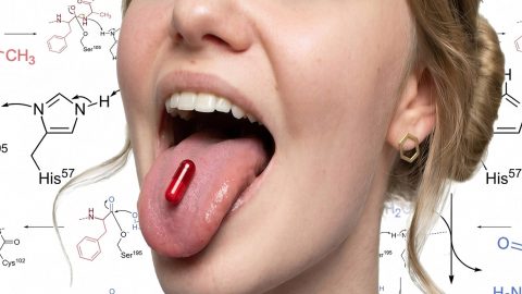 Gros plan sur une bouche de jeune femme avec une gélule rouge sur la langue