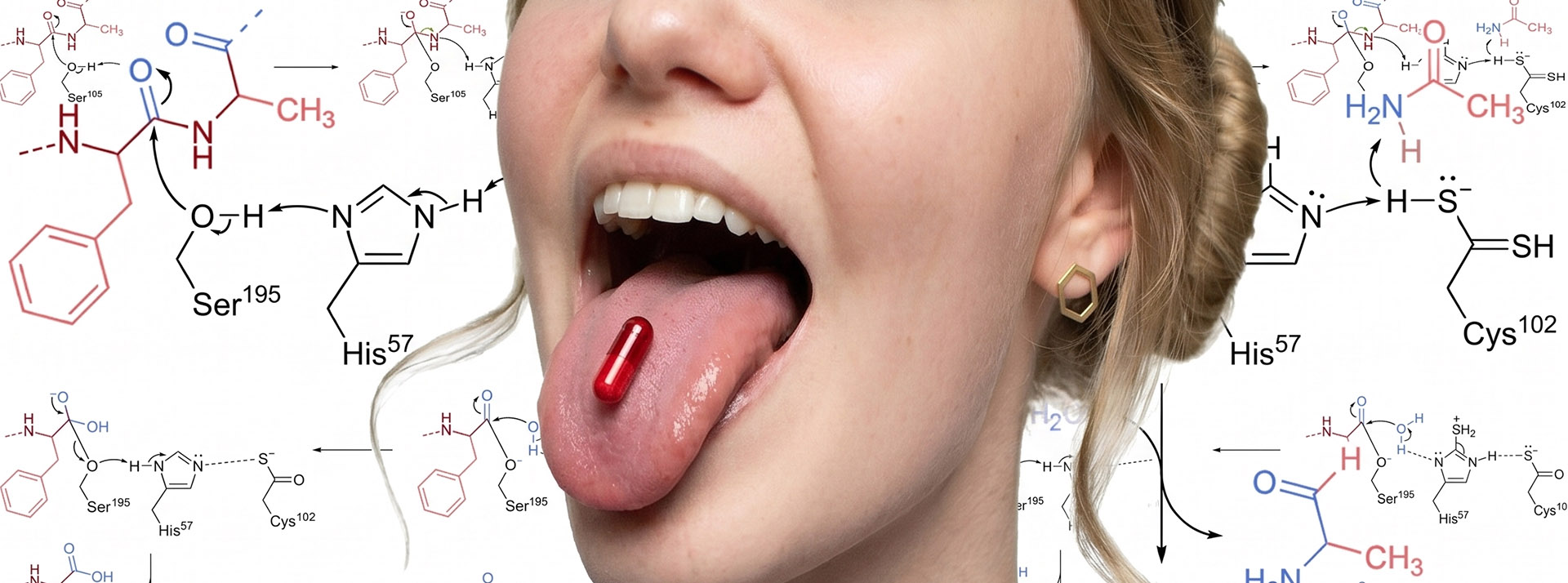 Gros plan sur une bouche de jeune femme avec une gélule rouge sur la langue