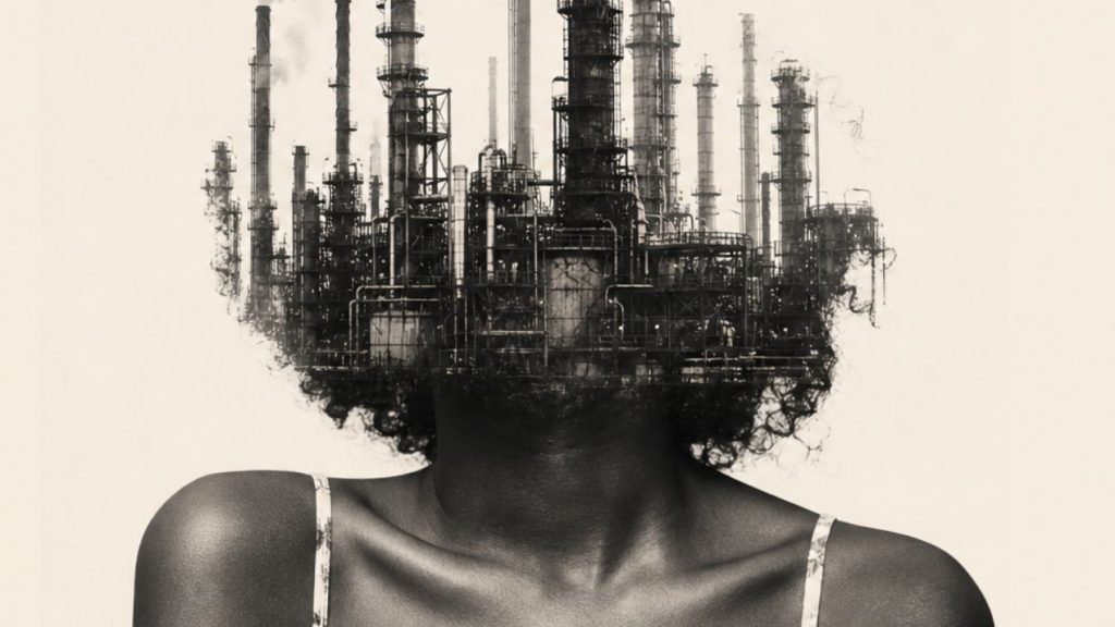 une te^te de femme afro-américaine avec une friche industrielle sur la tête