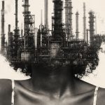 une te^te de femme afro-américaine avec une friche industrielle sur la tête