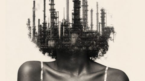 une te^te de femme afro-américaine avec une friche industrielle sur la tête