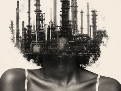 une te^te de femme afro-américaine avec une friche industrielle sur la tête