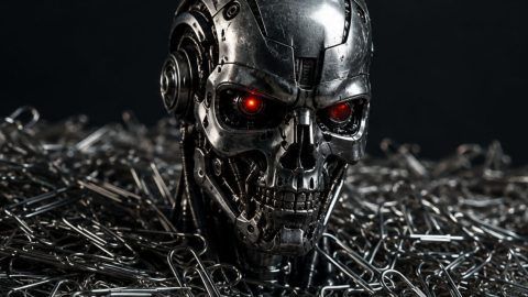 une tête de terminator qui emerge d'un tas de trombones