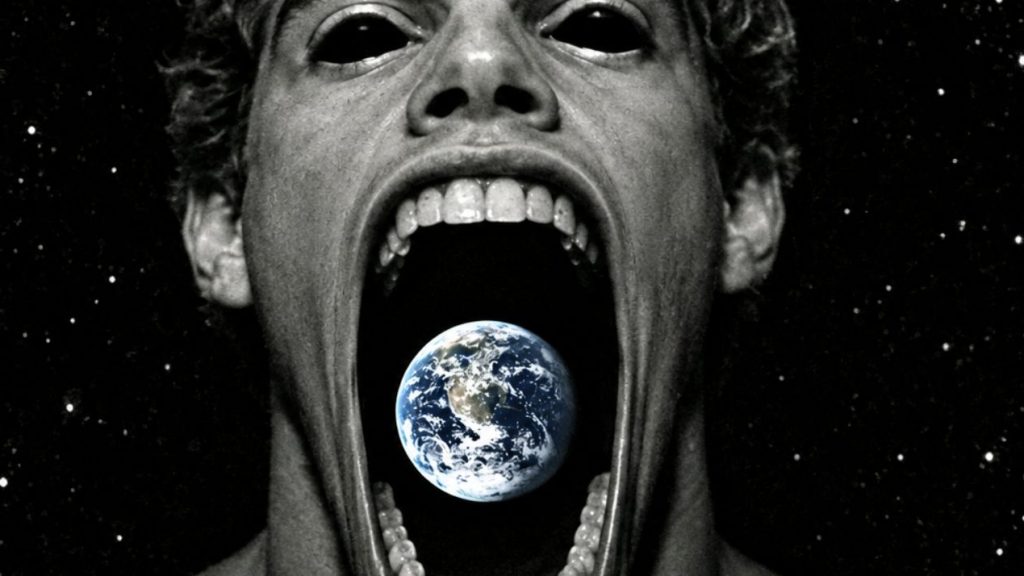 une image noir et blanc de clacular qui mange le monde