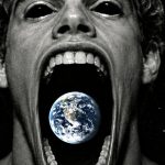 une image noir et blanc de clacular qui mange le monde