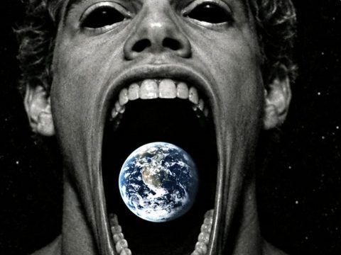 une image noir et blanc de clacular qui mange le monde