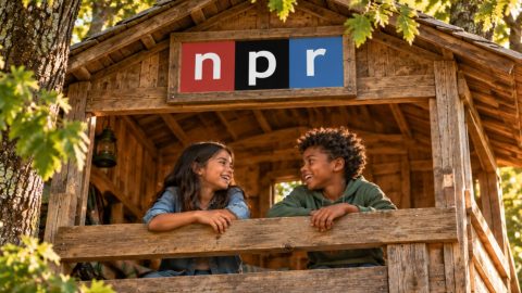 Two kids lean on the railing of a wooden treehouse, smiling at each other, with an NPR sign on the facade.