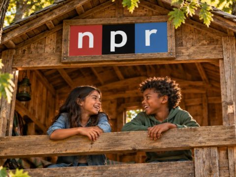 Two kids lean on the railing of a wooden treehouse, smiling at each other, with an NPR sign on the facade.