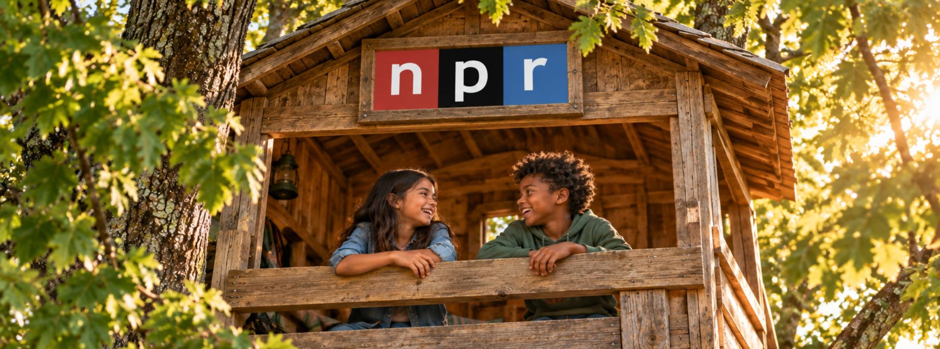 Two kids lean on the railing of a wooden treehouse, smiling at each other, with an NPR sign on the facade.