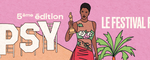 Poster for Le Festival Pop de la Santé Mentale, Oct 9–11, 2026, with a woman in a red dress holding a trophy against a pink sunset and palm trees.