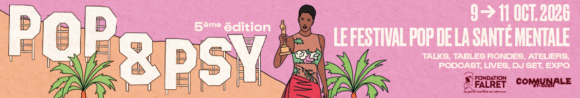 Poster for Le Festival Pop de la Santé Mentale, Oct 9–11, 2026, with a woman in a red dress holding a trophy against a pink sunset and palm trees.